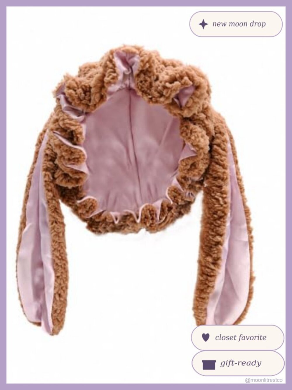 Satin-Lined Bunny Ear Sleep Bonnet Plush Fleece Hair Protection